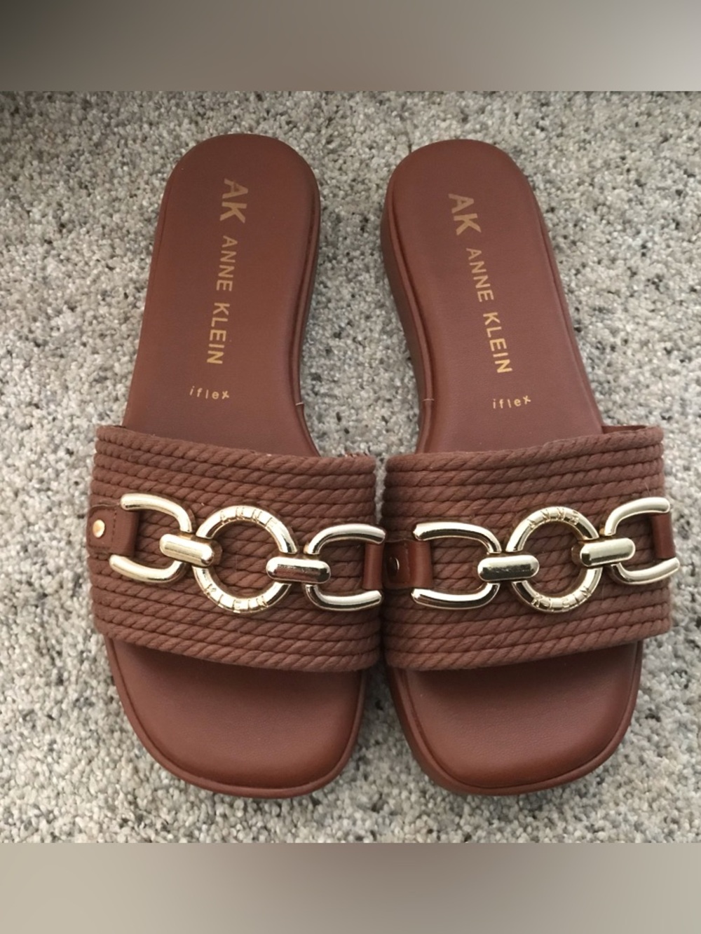 Anne Klein Brown Slide Sandals with Gold Chain Accent